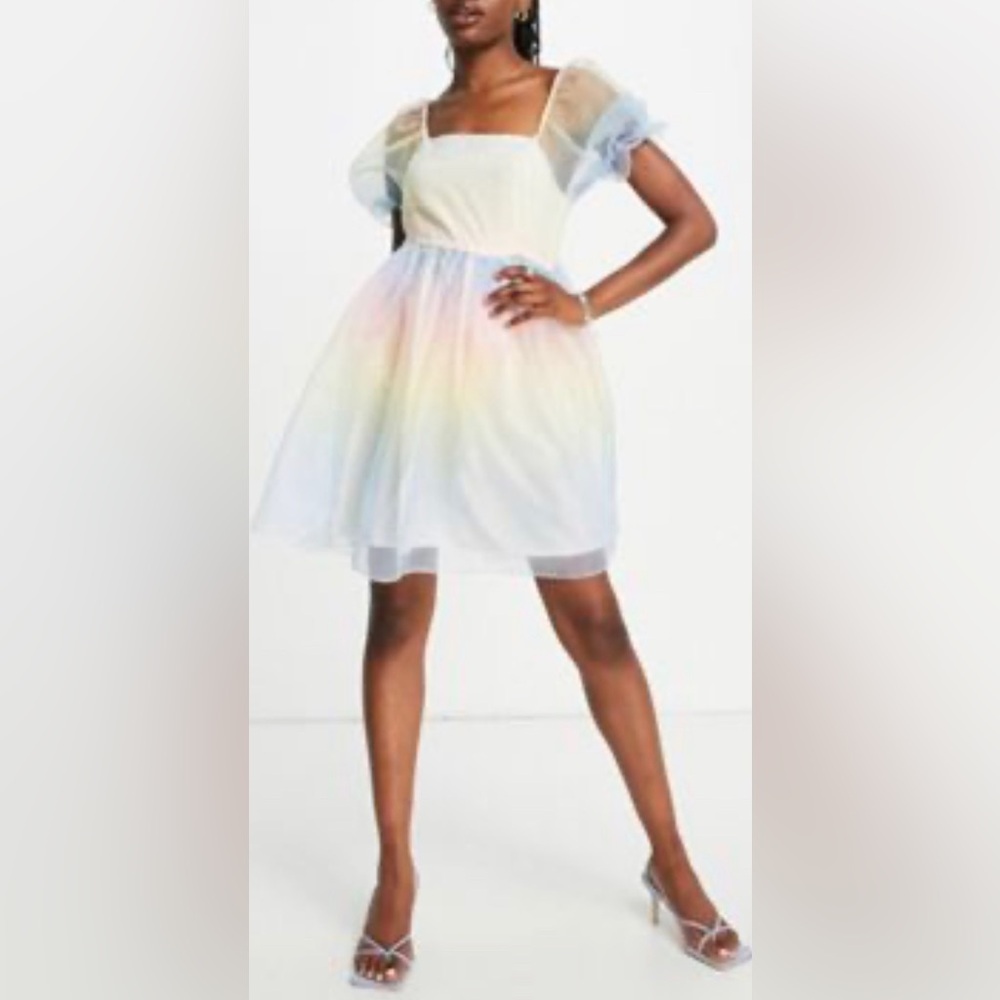 Pieces Rainbow Puff-Sleeve Mini Dress, sz S